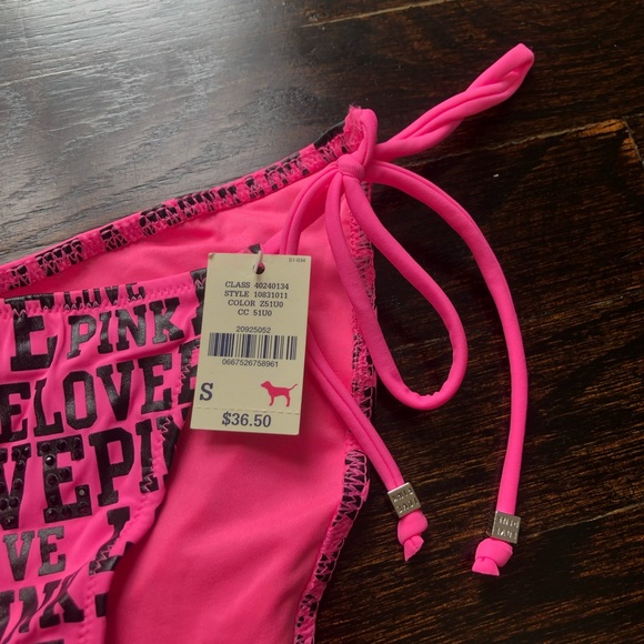 PINK Victoria’s Secret Love Pink Print Ruched Rhinestone Bikini Bottom - Picture 7 of 16